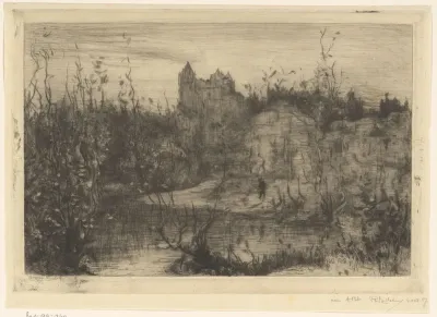 Landschap kasteel, rotsen en wandelaar