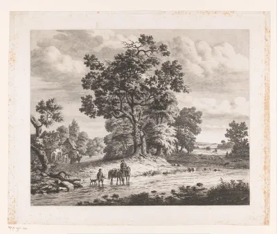 Landschap langs de Samber, een ruiter met twee paarden in het water naast een man met een hond