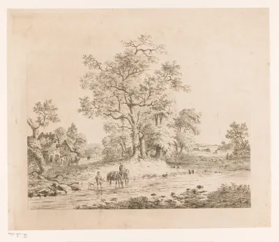 Landschap langs de Samber, een ruiter met twee paarden in het water naast een man met een hond