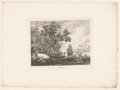 Landschap met aangemeerde zeelieden