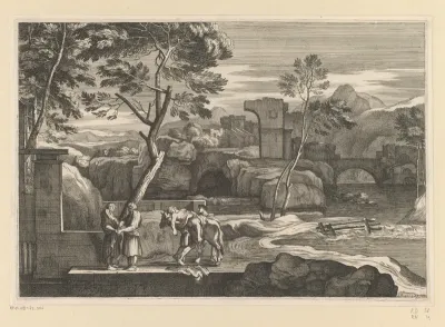 Landschap met aankomst van de Barmhartige Samaritaan bij de herberg