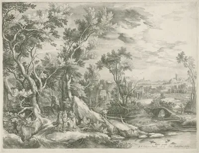 Landschap met Abraham die de drie engelen smeekt Sodom te sparen