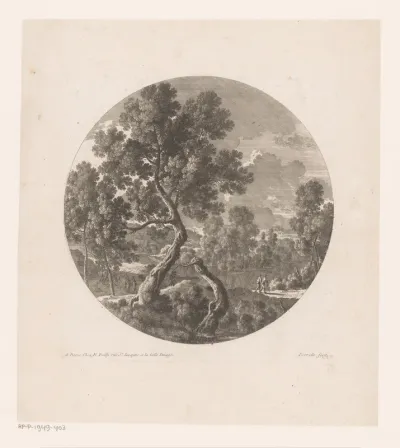 Landschap met afgeknotte boom op de voorgrond