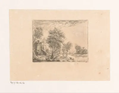 Landschap met antieke bron bij rivier