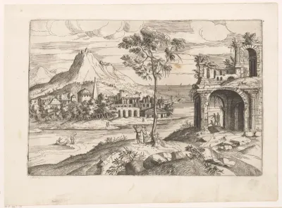 Landschap met antieke ruïne bij rivier met nederzetting