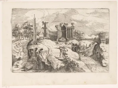 Landschap met antieke ruïne van een tempel en een obelisk