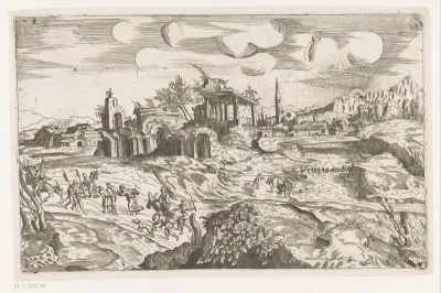 Landschap met antieke ruïnes en lopende figuren