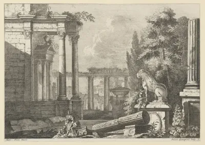 Landschap met antieke ruïnes en monument met leeuw