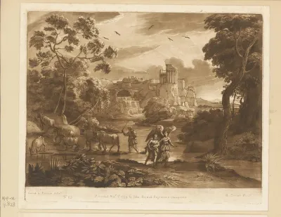 Landschap met antieke stad op een klif en Tobias en de engel aan de oever