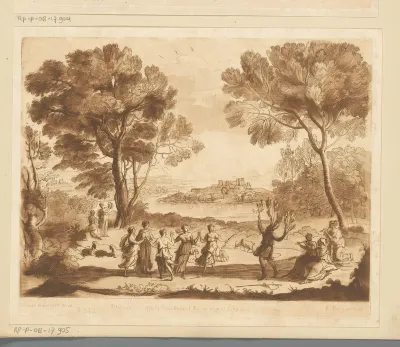 Landschap met Apulische herder veranderend in een olijfboom en dansende nimfen