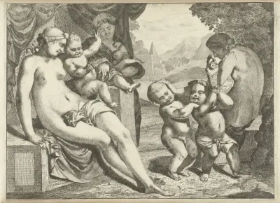 Landschap met bacchanten en putti