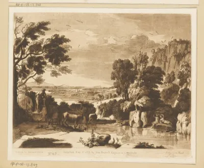 Landschap met badende figuren en kasteel op hoge klif