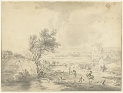 Landschap met baders, een ruiter en wandelaars bij een dorp met een ronde toren
