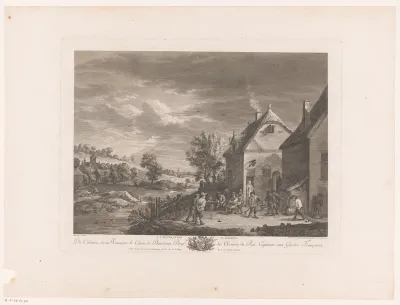 Landschap met balspelers en overige figuren voor een herberg