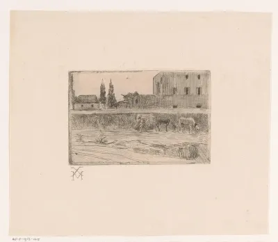 Landschap met bebouwing en een figuur aan het werk