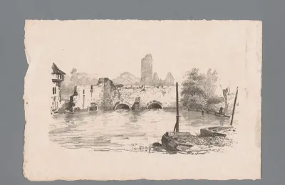 Landschap met bebouwing en water stromend door twee tunnels