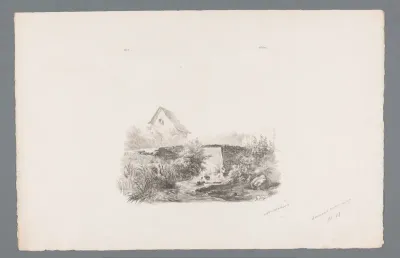 Landschap met beek en huis
