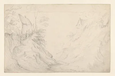 Landschap met beekje tussen twee heuveltjes waarop huizen