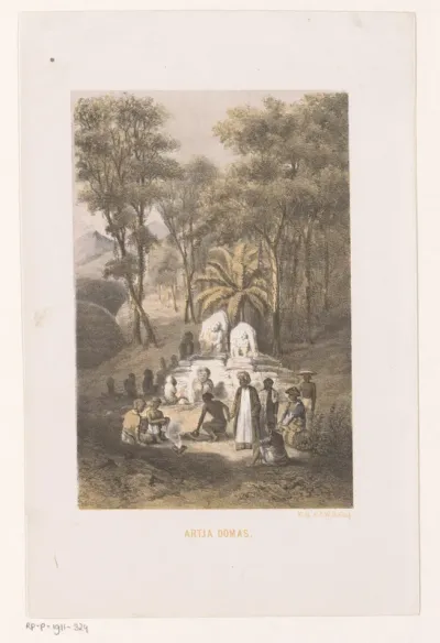 Landschap met beeldengroep en figuren op West Java