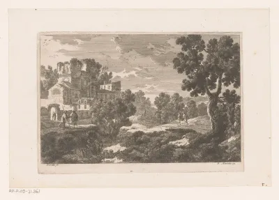 Landschap met begroeide ruïne