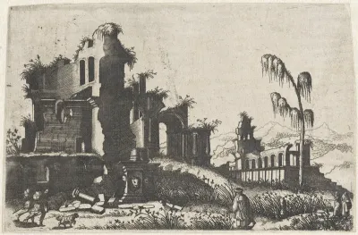 Landschap met begroeide ruïnes en reizigers