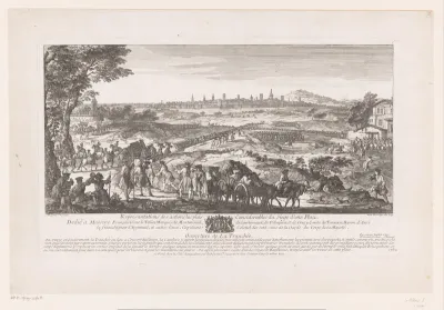 Landschap met belegering van een stad en soldaten die greppels graven