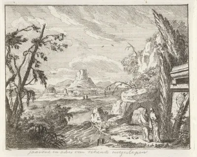 Landschap met bergen en ruineuze gebouwen