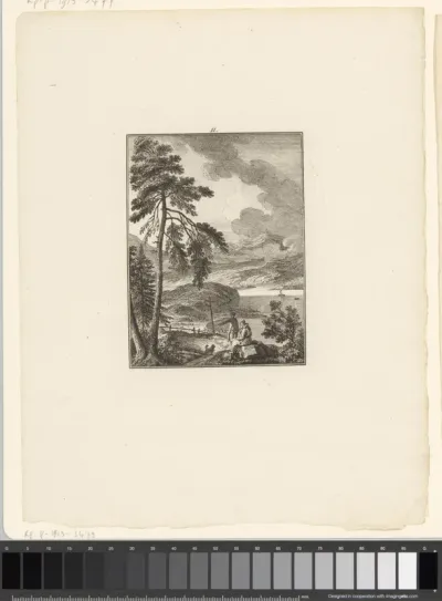 Landschap met bergmeer en reizigers