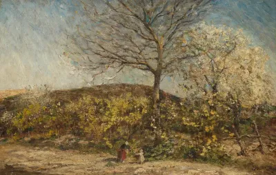 Landschap met bloeiende boomgaard