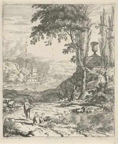 Landschap met bloemenplukkende vrouwen