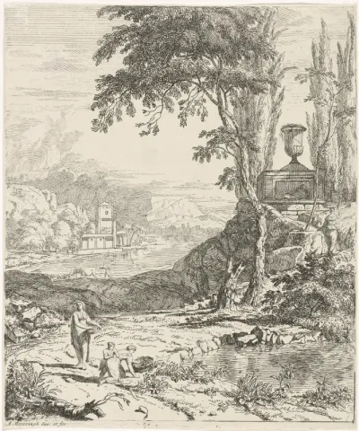 Landschap met bloemenplukkende vrouwen