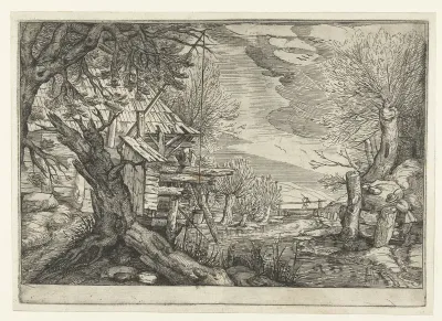 Landschap met blokhut aan een rivier