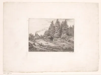 Landschap met blokhut en dennenbos