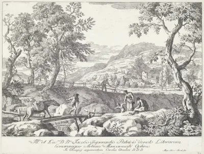 Landschap met boer en paard op brug