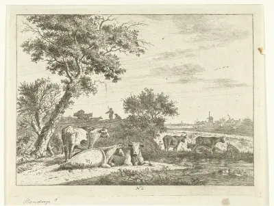 Landschap met boer met kudde koeien