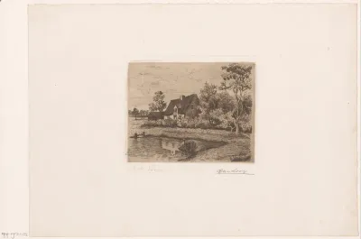 Landschap met boerderij aan de rand van een water