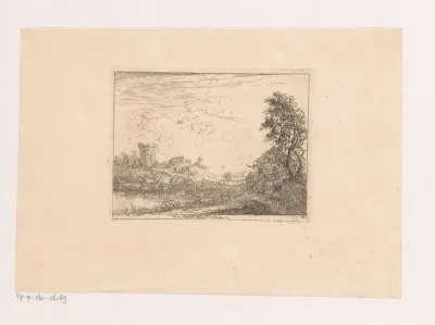 Landschap met boerderij aan een rivier en toren in de verte