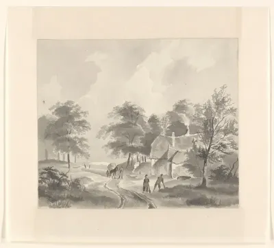Landschap met boerderij aan een weg