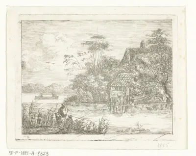 Landschap met boerderij aan water en twee vissers