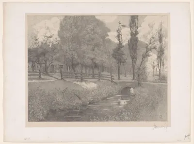 Landschap met boerderij bij een sloot