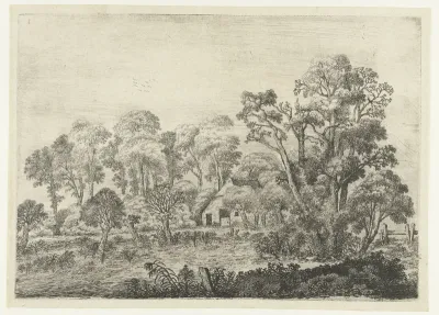 Landschap met boerderij bij een vijver