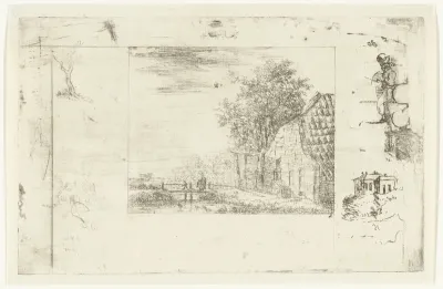 Landschap met boerderij bij sloot met bruggetje en schetsjes in marge