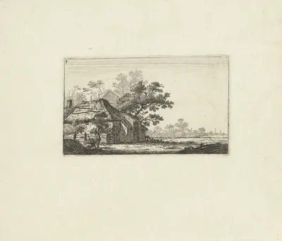Landschap met boerderij en boer met kruiwagen