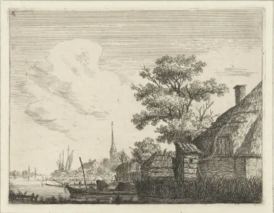 Landschap met boerderij en dorp