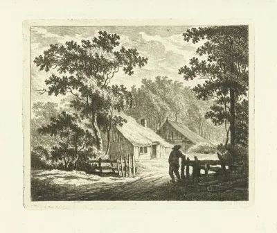 Landschap met boerderij en erf met hek