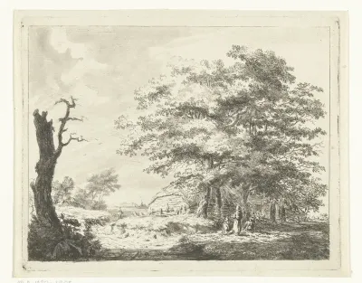 Landschap met boerderij en figuren onder bomen