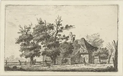 Landschap met boerderij en hek