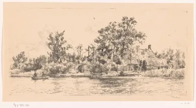 Landschap met boerderij en hengelaars in een boot op het water