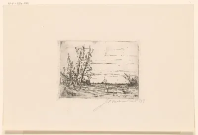 Landschap met boerderij en hoog geboomte