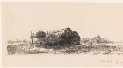 Landschap met boerderij en hooiberg